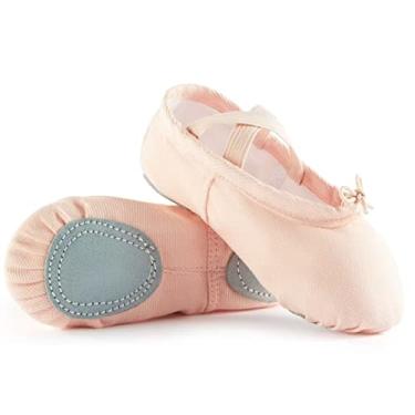 Imagem de TIEJIAN Sapatilhas de balé para meninas – Sapatos de balé de lona com sola dividida de couro (Bebê/Criança pequena/Criança grande), Rosa balé (bege), 3 Big Kid