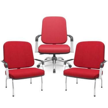 Imagem de Kit Cadeira De Escritório Giratória E 2 Cadeiras Fixas Cromada Magno P03 Crepe Vermelho - Lyam Decor