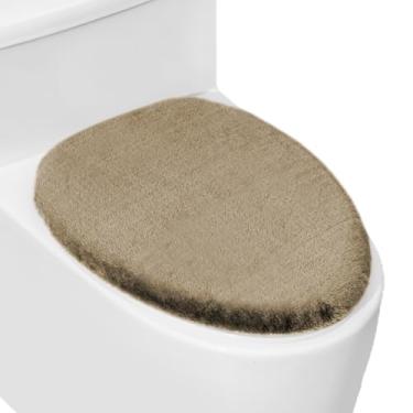 Imagem de Tampa de vaso sanitário de pelúcia macia para banheiro, capas de assento de vaso sanitário laváveis na máquina, cabe na maioria das tampas alongadas e oblongas, fácil instalação e limpeza (Cáqui)