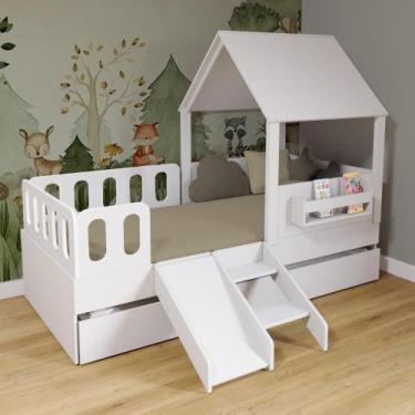 Imagem de Bicama Casinha Com Telhado Mdf Kit Escada E Grades Anatômica Branco Mo