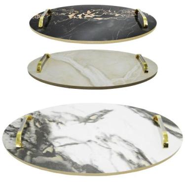 Imagem de Bandeja de madeira mdf oval decorativa com alca de metal marmore 40x24