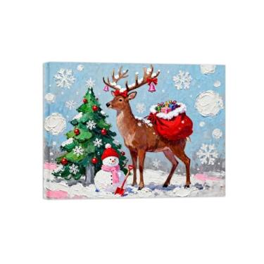Imagem de Pinturas em tela Natal-Quadros Decoração de Parede-Boneco neve árvore veado-Inverno Paisagens Impressões para Sala de Estar 60x80cm Tela Embrulhada
