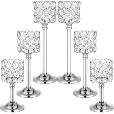 Imagem de Mumufy Conjunto de 6 castiçais de cristal, 3 tamanhos, suportes de castiçal de casamento de cristal de altura, suporte de candelabro para mesa de centro de mesa, decoração de jantar de casamento