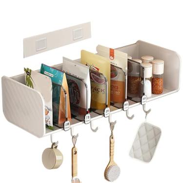 Imagem de COVRA Organizador de temperos montado na parede com 5 prateleiras e 6 ganchos, sem perfuração, design ajustável semiaberto, para parede de cozinha, armário, porta de despensa ou geladeira (branco)