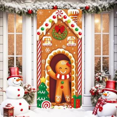 Imagem de HunnmingRe Decoração de porta de Natal 200,7 x 89 cm Faixa de porta da frente de pão de gengibre com corda e ganchos pano de fundo de capa de pendurar de Natal para decoração de férias de inverno
