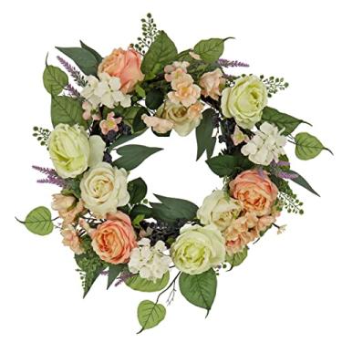 Imagem de National Tree Company Guirlanda de primavera artificial, base de ramo tecido, decorada com flores de rosa e peônia, folhas verdes, coleção de primavera, 61 cm