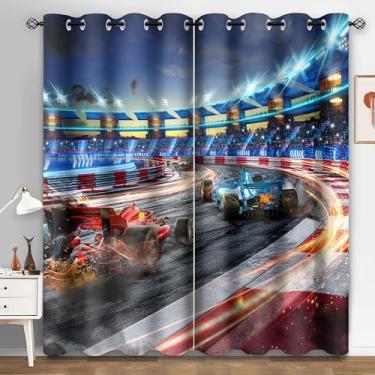 Imagem de HIYSMT F1 Cortinas blackout para carros de corrida, com estampa de chama para quarto de meninos, tema de carro esportivo de 10,883 cm, cortina de privacidade para sala de jogos infantis, berçário, 2