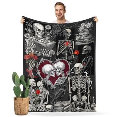Imagem de Cobertor de caveira de Halloween para adultos vintage casal caveira amor cobertor Halloween horrível esqueleto gótico aconchegante cobertores de lã macia e mantas para sofá cama cobertores estampados