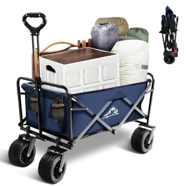 Imagem de Carrinho de carroça dobrável resistente com rodas – vagão utilitário portátil dobrável de grande capacidade para compras, praia, acampamento e esportes, azul
