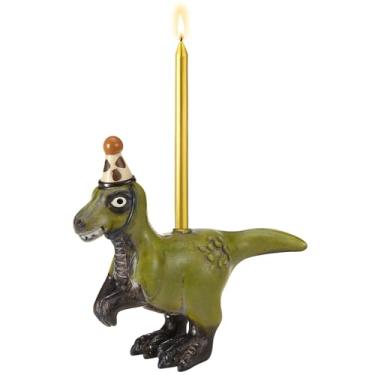 Imagem de Thyle T-rex Castiçais de bolo de dinossauro de 7,5 cm com vela de aniversário de dinossauro, suprimentos de festa de aniversário, suporte de castiçal de bolo, mini enfeite de sobremesa fofo para