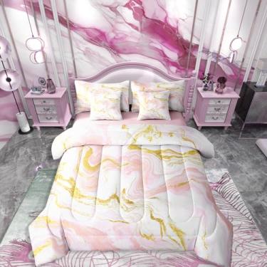 Imagem de Conjunto de edredom Queen de mármore com lençóis, rosa pastel, 7 peças, design abstrato de textura de mármore em uma bolsa, estilo retrô, arte em aquarela, decoração minimalista