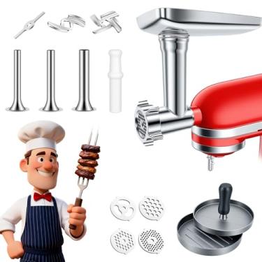 Imagem de Acessório para moedor de carne compatível com a batedeira KitchenAid, incluindo pratos de moedor, lâminas de moer, tubos de salsicha, prensas de hambúrguer, para uso em cozinha doméstica, aço