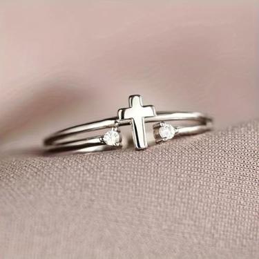 Imagem de Anel de declaração de design de cruz minimalista elegante banhado a ouro branco com zircônia cúbica acessório personalizado ideal para uso diário feminino casual festa feriado aniversário amor joias