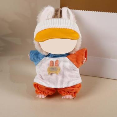 Imagem de Compatível com Labubu 15 cm/17 cm (sem boneca) - Conjunto de roupa de veludo cotelê laranja e azul (chapéu + blusa + calça) com patch de coelho, acessórios de roupas de boneca