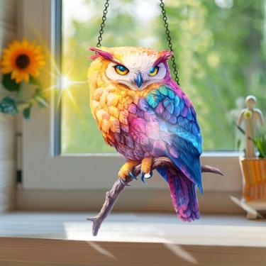 Imagem de Apanhador solar de acrílico colorido, estilo vitral estampado de coruja animal com reflexos de arco-íris, arte de parede para decoração de janela suspensa, ornamentos de Natal para uso interno e
