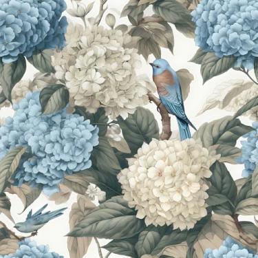 Imagem de VEELIKE Papel de parede floral de hortênsia azul e branco descasque e cole papel de parede vintage pássaro azul para quarto 48 x 38 cm, autoadesivo, removível, hortênsia, papel de parede para banheiro