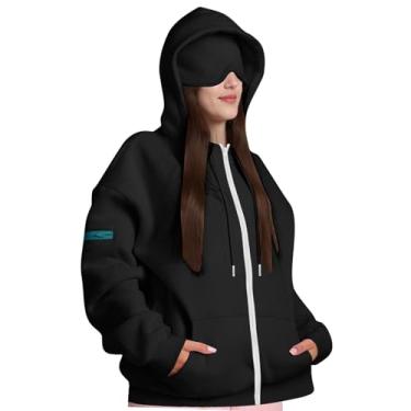 Imagem de kowaku Moletom feminino com capuz para viagens, com máscara para os olhos, modelo folgado, casual, esportivo e macio, Preto