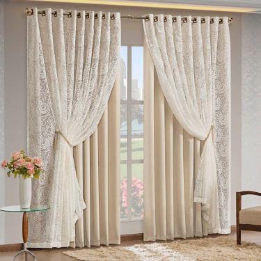 Imagem de Cortina Monalisa 2,00M X 1,70M Tecido Blackout Com Renda Floral Luxo Varão Simples - Palha