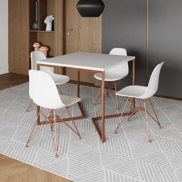 Imagem de Mesa Jantar Industrial Quadrada 90Cm Branca Base Cobre V Com 4 Cadeiras Brancas Eames Eiffel Pés Cob