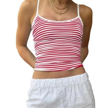 Imagem de Top Cioatin Women Y2K sem mangas listrado com alça espaguete vermelha