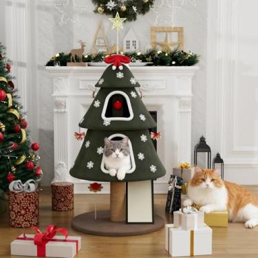 Imagem de STILLCOVE Grande torre de árvore de Natal interna, casa de condomínio para gatos moderna e resistente com poste arranhador e brinquedos para decorações de Natal