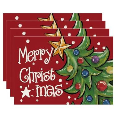 Imagem de Conjunto de 4 peças de jogo americano Merry Christmas, vermelho, 30,5 x 45,7 cm, decoração de mesa sazonal de inverno para festa, casa, cozinha, jantar, festa, decoração