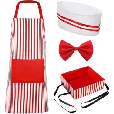 Imagem de Kit de fantasia de garçom adulto dos anos 1950, cachorro-quente, refrigerante, idiota, avental listrado vermelho e branco, chapéu de chef, gravata borboleta, bandeja de lanche para garçonete, filme