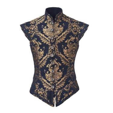 Imagem de Diajosa cos Colete masculino Tudor Doublet colete vitoriano medieval renascentista Tudor Príncipe King Ren Faire Jerkin colete colete (ouro azul, G)