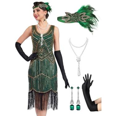 Imagem de RRYIO Vestidos melindrosa anos 20 para mulheres, mangas transparentes com contas, vestidos Gatsby, vestidos loucos anos 20, fantasias com acessórios (verde, 3GG)