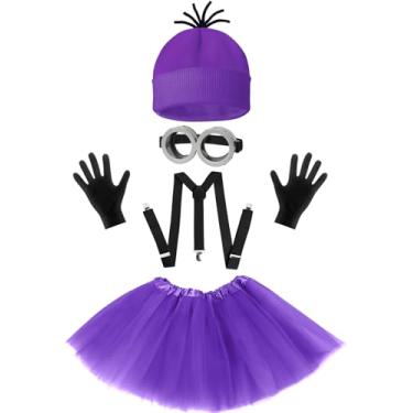 Imagem de Snwquik 5 peças de fantasia de Halloween para mulheres adultas, gorro roxo/óculos/saia tutu/suspensórios/luvas, acessórios de fantasia de Halloween