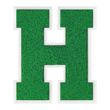 Imagem de 1 Patch de letra de chenille verde de 15 cm com borda branca – adesivos do alfabeto para roupas, jaquetas, mochilas, chapéus para decoração personalizada, nome personalizado e artesanato. (H)