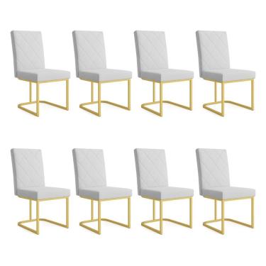 Imagem de Kit 08 Cadeiras De Jantar Estofada Siena Linho Cinza Base De Ferro Dourada - Pallazio