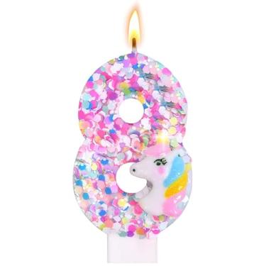 Imagem de Decoração de velas de aniversário com número de unicórnio, suprimentos de festa de aniversário com tema de unicórnio, topo de bolo de aniversário de lantejoulas com glitter para meninos e meninas