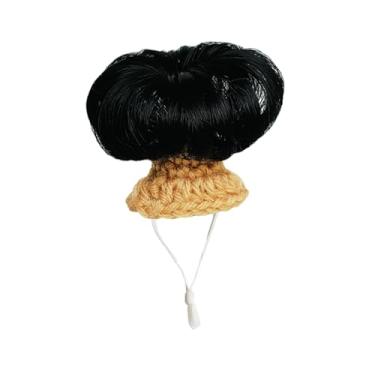 Imagem de Fenteer Peruca de hamster com cabelo encaracolado e alça ajustável. Peruca fofa para animais de estimação, chapéu para hamster, réptil, pássaro, pequeno, Preto