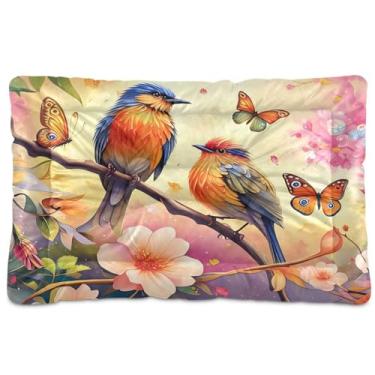 Imagem de Wassud Cama de dois pássaros com borboletas ao ar livre para cães pequenos, lavável, impermeável, para viagem, para animais de estimação, cama portátil para gatos com fundo antiderrapante para