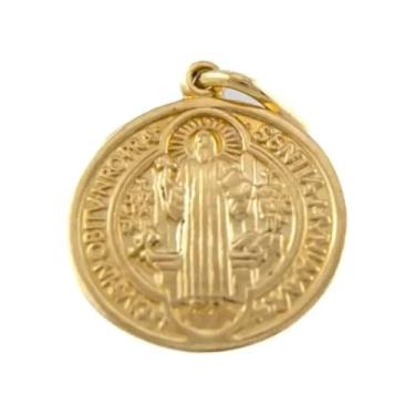 Imagem de Pingente Medalha de São Bento Ouro 18K 750 Autêntico Joia Religiosa Feminina Masculina Proteção Espiritual Acabamento Refinado Diâmetro 1,50 cm Passador 5 mm Certificado Incluso