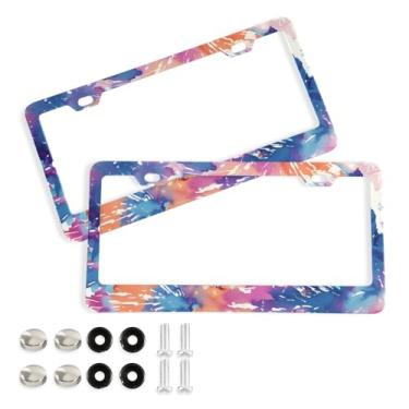 Imagem de CEBUGI Pacote com 2 molduras de placa de carro de alumínio capas de moldura de placa de carro com 2 furos coloridos tie-dye acessórios automotivos para placas dianteiras e traseiras orifício elíptico