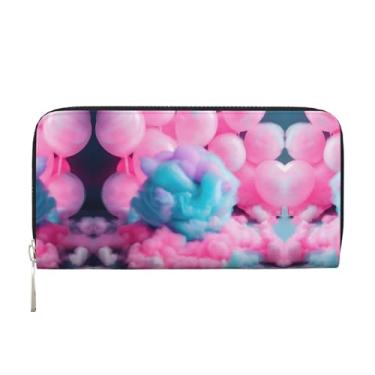 Imagem de SKKNT Carteira feminina de mão de couro rosa com estampa de algodão doce espaçosa e moderna para uso casual e em viagens, preta, tamanho único, arte