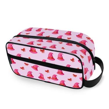 Imagem de Burbuja Chapéus de bruxa rosa bolsa de higiene de viagem para mulheres e homens, bolsa organizadora de maquiagem portátil para acessórios de higiene pessoal com alça