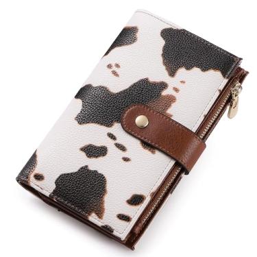 Imagem de Carteira feminina com bloqueio de RFID, vários cartões, porta-cartões de crédito, carteira feminina de couro de grande capacidade com três dobras e porta-canetas, Marrom vaca, Carteira RFID