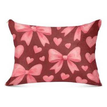 Imagem de Lindas fronhas de flanela com laços cor-de-rosa corações com zíper padrão Queen King Body Size Travesseiro impresso para sofá cama de casa, tamanho Queen, 50,8 cm x 76,2 cm
