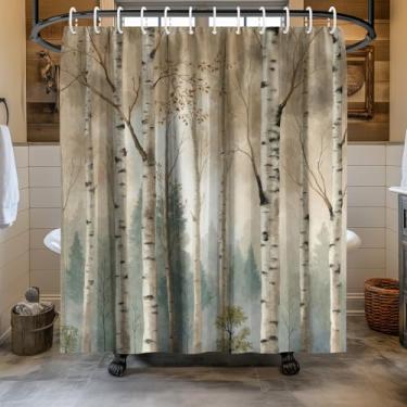 Imagem de KAIRA Cortina de chuveiro de bétula 182 x 182 cm com ganchos, decoração de banheiro de floresta de aspereza branca aquarela, paisagem natural, tecido de poliéster impermeável, presente rústico para