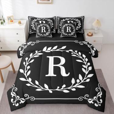 Imagem de Jogo de cama com letra R King, 7 peças, preto e branco, boêmio, folhas florais, conjunto de edredom com lençóis, ramos minimalistas, presentes personalizados para mulheres e homens