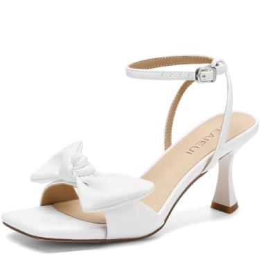 Imagem de TEAIEUI Sandálias femininas com salto de laço, bico quadrado, aberto, fivela no tornozelo, sapatos elegantes para casamento, noiva, formatura, festa, uso diário, Branco, 40