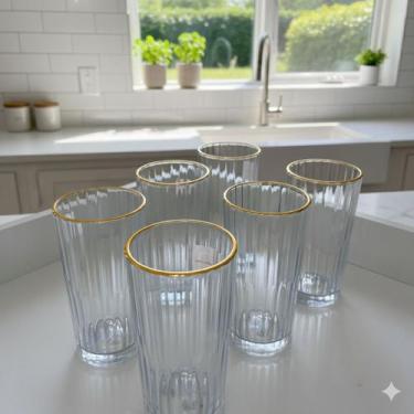 Imagem de Jogo de 6 Copos de Vidro Alto Graffiato Borda dourada Luxo Sucos drink