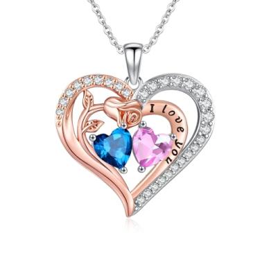 Imagem de WYDDO Colar de coração rosa para mulheres, pingente de pedra de nascimento duplo, presente de aniversário e Natal para sua esposa, mãe, filha, Base, Zircônia cúbica