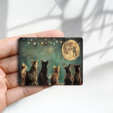 Imagem de Ímã de geladeira vintage seis gatos olhando para a lua e as estrelas - (5 x 8 cm) adesivo de geladeira redondo acrílico decoração retrô presente tamanho perfeito para geladeira, armário ou qualquer