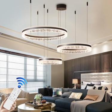 Imagem de Lustre Ring Moderno LED Pendente para Sala de Estar em Alumínio Marrom com Controle Remoto, Luminária de Teto Alta Ideal para Restaurantes, Hall de Entradas de Hotéis e Cafés (A80cm+60c)