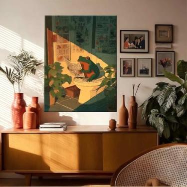 Imagem de Arte de parede de banheiro em tela de sapo engraçado, vintage bonito japonês no banheiro, leitura de jornal, decoração de parede, pinturas clássicas de animais verdes, rústico, caprichoso, arte para