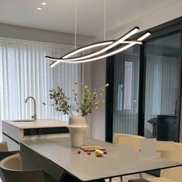Imagem de Luminária pendente LED regulável para sala de estar, luminária pendente moderna para mesa de jantar com controle remoto, design ondulado, altura ajustável, iluminação interna (preta, 100 cm